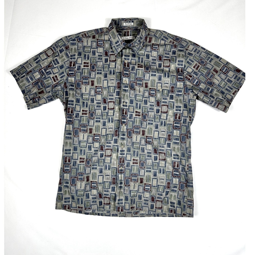 Burma Bibas Button Up Shirt‎ Mens Short Sleeve Cotton Lawn Geometric Multi M
